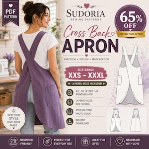 Peut inclure: Un patron de couture numérique pour un tablier à dos croisé par Sudoria. L'image montre un tablier violet avec deux poches, un t-shirt blanc et des dessins techniques montrant les vues avant et arrière. Le texte inclut Sudoria Sewing Patterns, Cross Back Apron et la gamme de tailles XXS à XXXL.