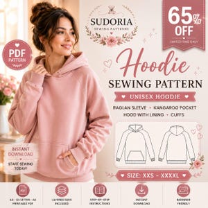 May include: A dusty pink unisex hoodie with raglan sleeves, a kangaroo pocket, and a lined hood. The digital sewing pattern includes instructions for sizes XXS to XXXXL, featuring a front and back technical line drawing of the garment design.