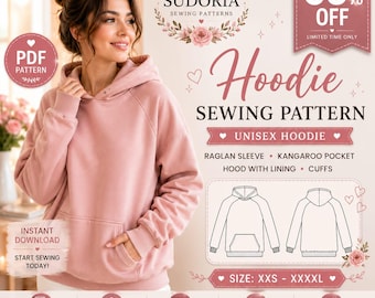 Unisex Hoodie Sewing Pattern | Raglan Sleeve, Kangaroo Pocket (Digital Download)