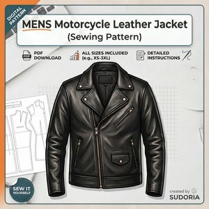 May include: A digital sewing pattern for a black motorcycle leather jacket. The graphic features the text MENS Motorcycle Leather Jacket (Sewing Pattern), PDF DOWNLOAD, ALL SIZES INCLUDED (e.g., XS-3XL), DETAILED INSTRUCTIONS, and SEW IT YOURSELF.