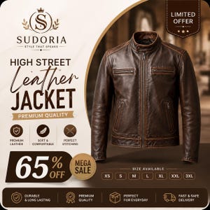 Könnte beinhalten: Eine dunkelbraune Lederjacke mit Stehkragen, einem zentralen Reißverschluss und zwei Brusttaschen mit Reißverschluss. Der Text auf dem Bild enthält SUDORIA, HIGH STREET LEATHER JACKET, PREMIUM QUALITY, 65% OFF, MEGA SALE und Größen von XS bis 3XL.