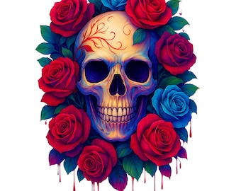 Clipart a sublimazione di teschio floreale / JPEG 300 DPI / PNG trasparente / Stampabile con rose / Download digitale