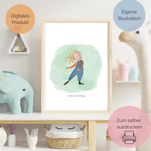 Puede incluir: Ilustración enmarcada de un niño bailando, con un mono azul y una camisa naranja, sobre un fondo verde acuarela. Las palabras "keep dancing" están en la parte inferior. Producto digital.