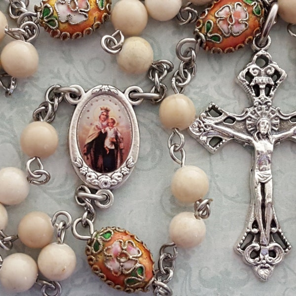 Rosary, Our Lady of Mount Carmel, Natural Riverstone , Floral Cloisonne Beads, Strong, Stainless Steel, Traditional,  Handcrafted Rosary