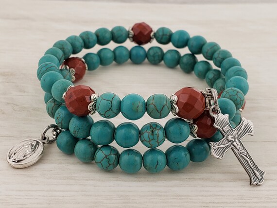 Turquoise gemstone cross single decade rosary bracelet with Miraculous –  Unique Rosary Beads