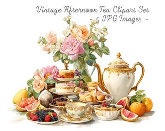 Vintage Afternoon Tea Clipart Set | English Garden Tea Party Clipart | Floral High Tea Illustrations | Printable Teacup Clipart