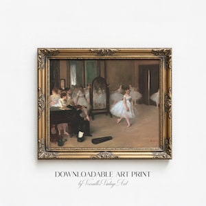 May include: A framed art print depicting a ballet class in a studio. The artwork features ballerinas in white tutus, a pianist, and a mirror. The frame is ornate with a gold finish. Text at the bottom reads "DOWNLOADABLE ART PRINT by Versailles Vintage Art."