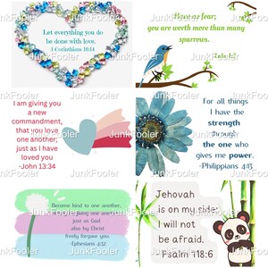 May include: A collage of inspirational quotes with colorful backgrounds and images. The quotes include: "Let everything you do be done with love. -1 Corinthians 16:14", "Fear not; you are worth more than many sparrows.", "I am giving you a new commandment, that you love one another; just as I have loved you -John 13:34", "For all things I have the strength through Christ who gives me power. -Philippians 4:13", "Become kind to one another, giving one another just as God also by Christ freely forgave you. -Ephesians 4:32", "Jehovah is on my side; I will not be afraid. -Psalm 118:6".