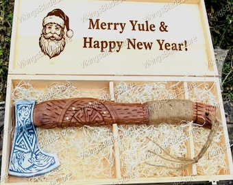Hand-Forged Viking Axe, Personalized Engraved Hatchet with Wooden Gift Box | Custom Norse Axe | Best Christmas Gift for Him