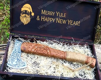 Hand-Forged Norse Axe, Personalized Engraved Hatchet with Wooden Display Box | Custom Viking Bearded Axe for Collectors & Gifts, Christmas