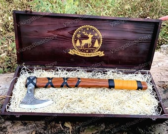 Personalized Norse Axe Gift for Him | Custom Engraved Viking Hatchet with Wooden Box | Handmade Axe – Christmas, Birthday Present