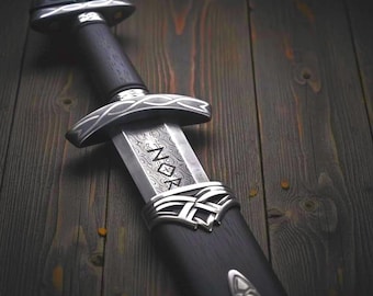 Engraved Damascus Viking Sword — Handmade Northman Blade with Scabbard — Perfect Gift for Him or Groomsmen
