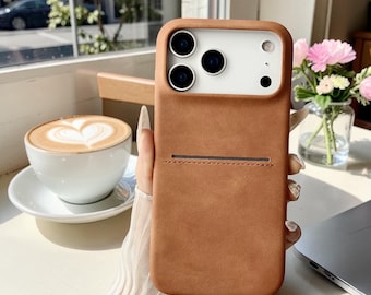 Faux Leather Phone Case with Card Holder for iPhone 17 16 15 14 13 Pro Max Plus | Slim Skin Feel Protective Cover