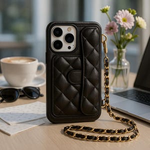 Peut inclure: Étui de téléphone en cuir noir matelassé avec une chaîne dorée. L'étui dispose d'un emplacement pour carte et d'une découpe pour l'appareil photo. L'étui est posé sur une surface en bois avec une tasse de café, des lunettes de soleil et des fleurs en arrière-plan.