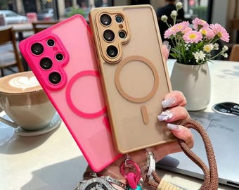 Magnetic Matte Phone Case with Strap for Samsung S25 S24 S23 Ultra Plus | Magnetic Charging Compatible Cover with Lens Protection