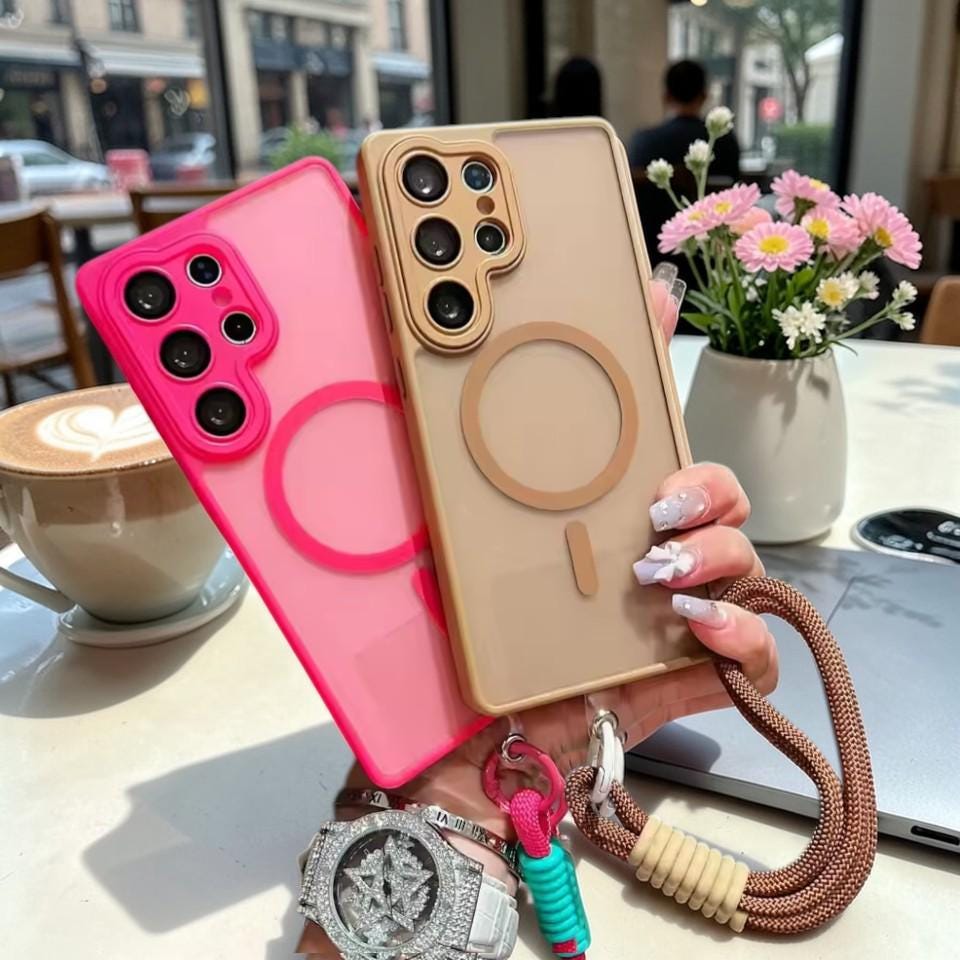 Magnetic Matte Phone Case with Strap for Samsung S25 S24 S23 Ultra Plus Magnetic Charging Compatible Cover with Lens Protection