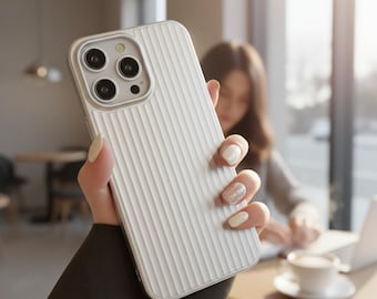 Titanium Stripe Phone Case for iPhone 13, 14, 15, 16 Series Grating Pattern Metal-Style Hard Plastic Case