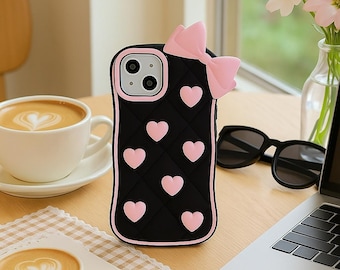 3D Heart and Bow Cute Soft Silicone Design Kawaii Phone Case for iPhone 13, 14, 15, 16, 17 Series
