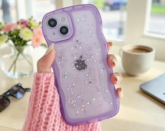 Transparant glitterend golvend telefoonhoesje voor iPhone 11 12 13 14 15 16 17, holografische sterren glinsterende transparante beschermende bumperhoes