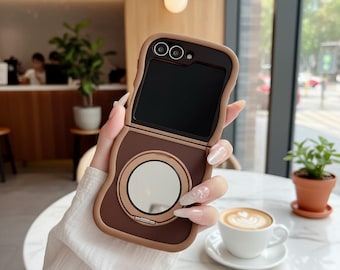 Wavy Glitter Phone case for Galaxy Z Flip 3,4,5,6,7 Series Wireless Charging Compatible Protective Cover with Mini Mirror