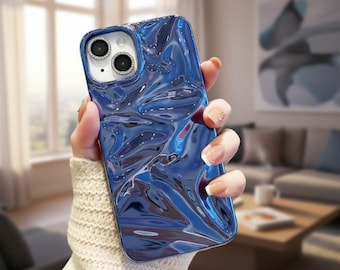 Glossy Blue Ripple Phone Case Folds Texture Phone Case for Iphone 11,12,13,14,15,16,17 Series Glossy Plating Cover