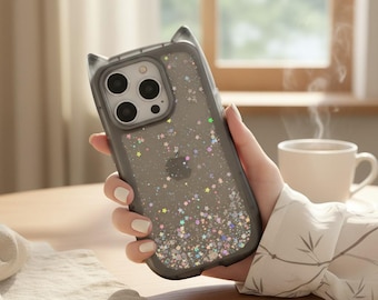 Glitter Cat Ear Phone Case for iPhone 11, 12, 13, 14, 15, 16, 17 Series Cute Transparent Cover with Glitter Design