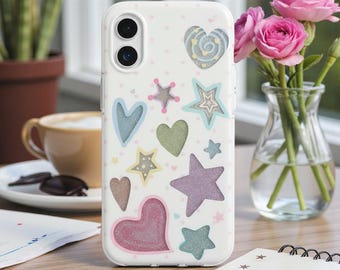 Sparkly Bling Heart and Star Glitter Phone Case for Iphone 14,15,16,17 Series Glossy Protective Cover