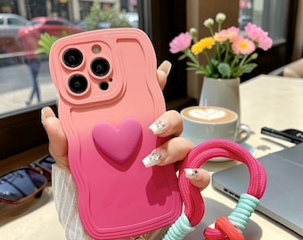 Gradient Wave Phone Case with Lanyard for iPhone 17 16 15 14 13 12 11 Pro Max Plus | 3D Heart Strap Protective Cover