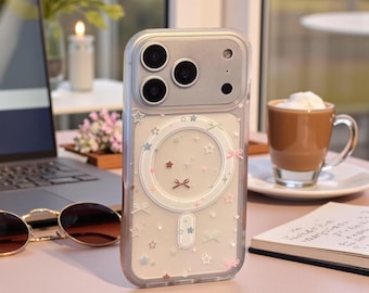 Clear Cute Pastel Star Bow Phone Case Phone Case for iPhone 14, 15, 16, 17 Series Cute Protective Case Wireless Charging Compatible