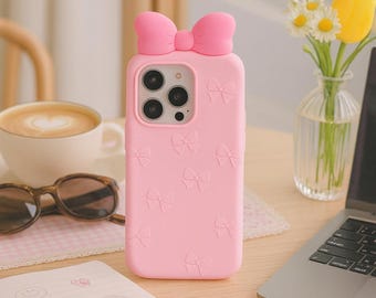 3D Cute Pink Bow Soft Silicone Protective Cover 3D Bow Design Kawaii Gift Phone Case for iPhone 13, 14, 15, 16, 17 Series