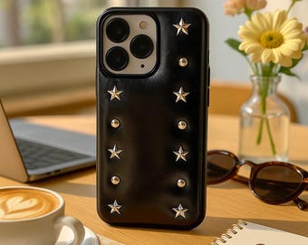 Star Rivet Artificial Leather Phone Case Trendy Protective Phone Case for iPhone 14, 15, 16, 17 Series Shockproof Studded Cover