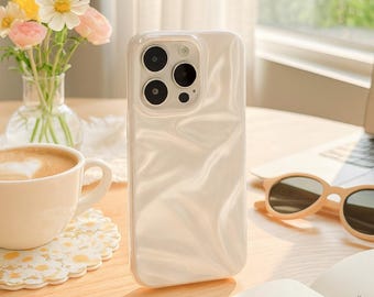 Pearl White Textured Glossy Soft TPU Shockproof Cover  Elegant Fold Design Phone Case for iPhone 11, 12, 13, 14, 15, 16, 17 Series