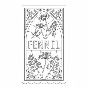 May include: Monochrome illustration of a fennel plant, with the word "FENNEL" displayed in a rectangular banner. The design incorporates floral and leaf motifs, enclosed within an arched border with decorative flourishes.