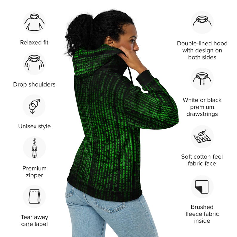 May include: A black and green unisex hoodie with a matrix-style design. Features include a double-lined hood, premium zipper, and soft cotton-feel fabric. The hoodie has a relaxed fit, drop shoulders, and a brushed fleece fabric inside.