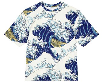 Hokusai The Grand Wave All-Over Print Heavyweight Loose Fit Cotton T-Shirt, Art History Painting Tee, Gift for Him