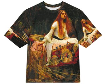 John William Waterhouse The Lady of Shalott All-Over Print Heavyweight Loose Fit Cotton T-Shirt, Art History Painting Tee, Gift for Him