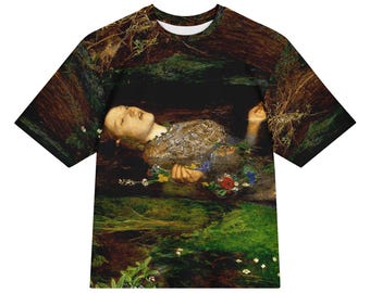 John Everett Millais Ophelia All-Over Print Heavyweight Loose Fit Cotton T-Shirt, Art History Painting Tee, Gift for Him