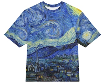 Vincent van Gogh Starry Night All-Over Print Heavyweight Loose Fit Cotton T-Shirt, Art History Painting Tee, Gift for Him