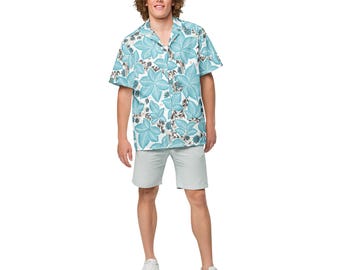 Camisa unisex de botones William Morris Bramble azul, camisa hawaiana unisex para adultos de corte relajado con botones, regalo para él, regalo para papá