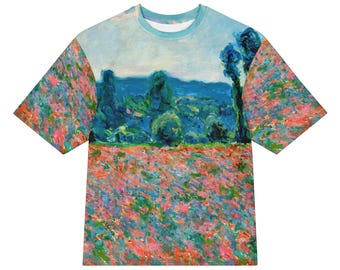 Claude Monet Poppy Field in Giverny All-Over Print Heavyweight Loose Fit Cotton T-Shirt, Art History Painting Tee, Gift for Him