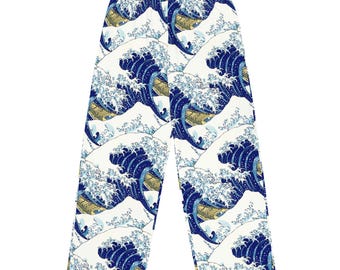 Hokusai: Wielka fala w Kanagawie Spodnie unisex z szerokimi nogawkami, nadruk na całej powierzchni, prezent dla niego, prezent dla niej, prezenty