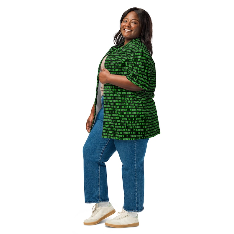 Camisa de programador unisex con estampado de código binario y botones, camisa hawaiana unisex para adultos con corte relajado y botones, regalo para él. imagen 12