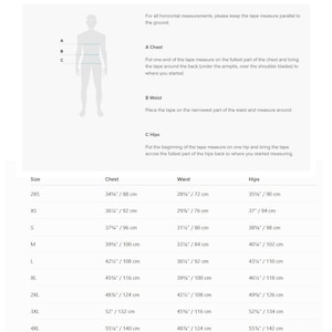 May include: A body measurement guide chart featuring a human silhouette diagram with labels A, B, and C for chest, waist, and hip measurements. The table lists sizes from 2XS to 6XL with corresponding measurements in inches and centimeters for each area.