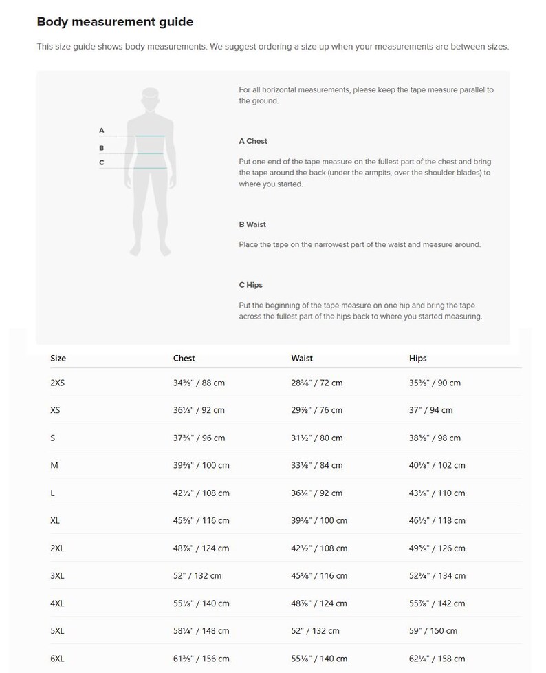 May include: A body measurement guide chart featuring a human silhouette diagram with labels A, B, and C for chest, waist, and hip measurements. The table lists sizes from 2XS to 6XL with corresponding measurements in inches and centimeters for each area.