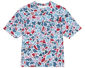 Blue Red White Terrazzo All-Over Print Heavyweight Loose Fit Cotton T-Shirt, Art History Painting Tee, Gift for Him