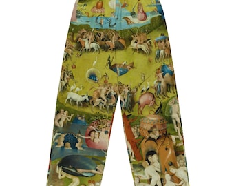 Hyeronimus Bosch El jardín de las delicias terrenales Pantalones unisex de pierna ancha con estampado integral, Regalo para él, Regalo para ella, Regalos