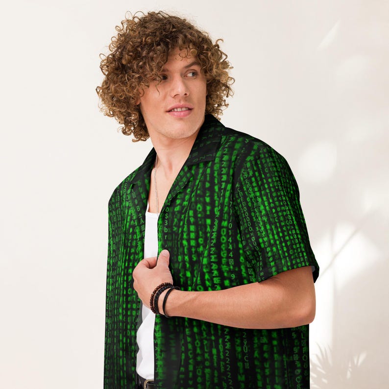 Binärcode-Muster Unisex Knopfhemd, Erwachsene Unisex All-Over Relaxed Fit Button Up Hawaii-Hemd, Geschenk für Ihn, Geschenk für Papa Bild 3