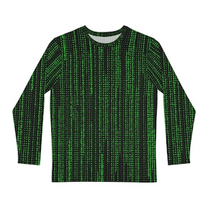 May include: A long-sleeve shirt featuring a black background with a repeating pattern of vertical green digital code characters. The garment has a crew neckline and a straight hem, with the matrix-style print covering the entire front surface.