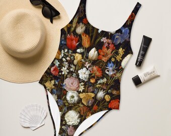 Traje de baño de una pieza con estampado de flores en un recipiente de madera de Jan Brueghel el Viejo, para mujer, estampado integral, regalo para ella, regalos de natación
