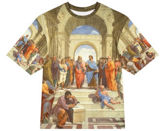 Raffaello Sanzio da Urbino The School of Athens All-Over Print Heavyweight Loose Fit Cotton T-Shirt, Art History Painting Tee, Gift for Him